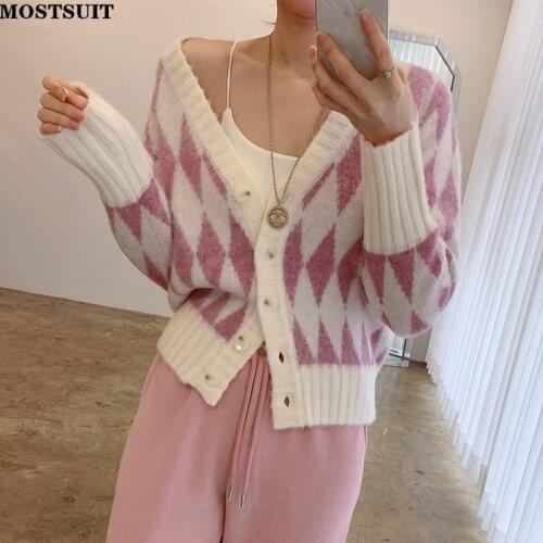 Stylish V-neck Argyle Women Cardigans Sweaters 2021 Autumn Long Sleeve Single-breasted Female Knitwear Jumpers Tops