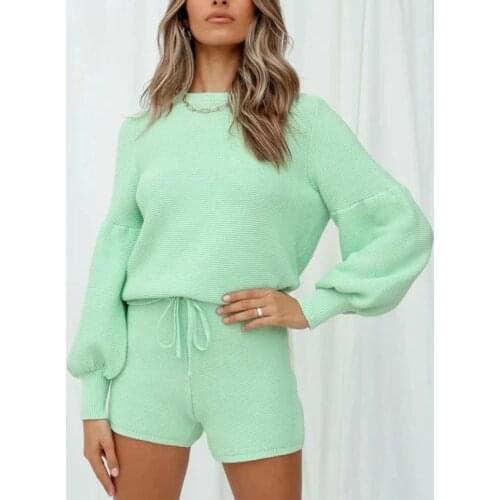 O-neck Empire Long Sleeves Lady 2 Piece Set Knitting Solid Green Casual Loose Women Outwear Suit Autumn Fashion New Trend