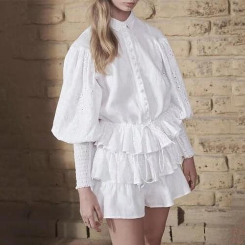 Women Ruffles Summer Dress Hollow Out Lantern Sleeve Drawstring High Waist Shirt Dress