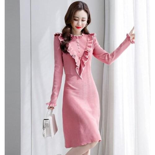 2020 New Autumn Winter Women Knitted Base Dress Korean Fashion Beading Ruffles Sweater Dress Elegant Vintage Slim Mini Dress