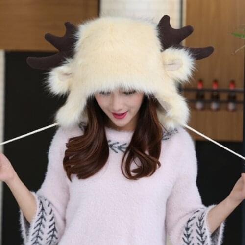 Unisex Winter Cosplay Furry Trapper Hat Cute Deer Ears Antlers Fluffy Plush Animal Earflap Cap Thermal Warm Earmuffs