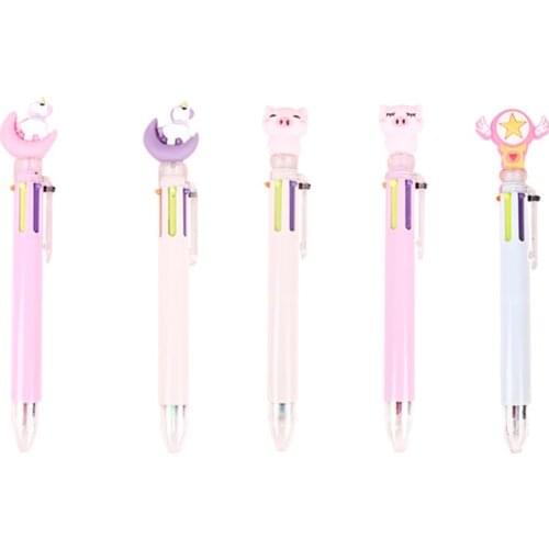 1PC Cartoon Pig 6 In 1 Ballpoint Pen, 0.5mm Refill, Retractable Ballpoint Pens Girls Kids Gift School Office Supply