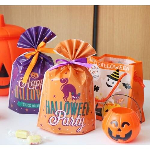 20pcs Pumpkin Bat Candy Bag Halloween Party Decoration Ghost Round Stickers Plastic Cookies Chocolate Bags Baking Gift Box Decor
