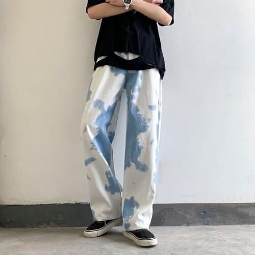 2021 Mens High Street Casual Pants Blue Sky And White Clouds Printing Dye Gradient Jeans Loose Straight Pants Fashion Trousers