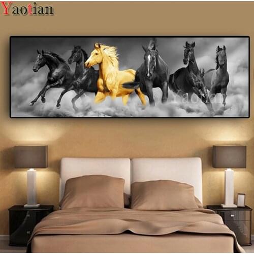 5D Diy Diamond Painting Six Running Black and Gold Horse Animal Diamond Mosaic Rhinestone Embroidery Modular Painting Decoration