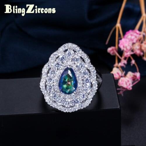 BeaQueen Gorgeous Green Blue Multicolor CZ Mystical Rainbow Crystal Big Water Drop Engagement Party Rings for Women R074