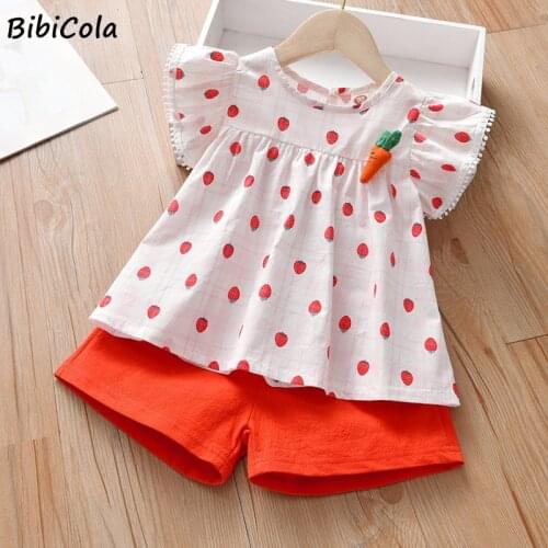 Cute Girls Clothes Sets 2Pcs Cartoon Kids Strawberry print Sleeve Tank Top and Solid color shorts Outfits for Girl Clothing