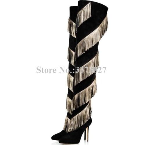Fashion Gold Tassel Women Long Boots New Design Black Suede Stiletto Heel Fringe Thigh High Boots Lady Large Size Knee Boots