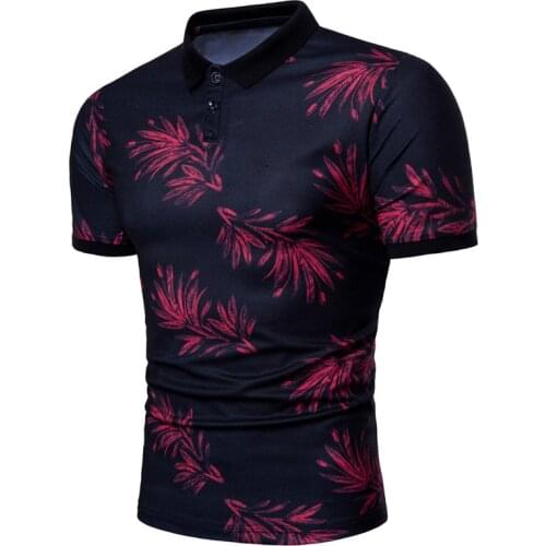 European Code Mens Short-Sleeved Summer New Casual Hedging Leaf Print Lapel Male T-Shirt