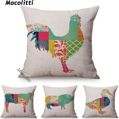 Bohemia Style Cushion Cover Pastel Farm Animal Cock Cow Decoration Sofa Pillow Case Cotton Linen Square Cushions Cover Cojines