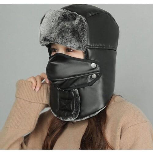 New Russian PU Leather Winter Hat Women Velvet Chapka Casual Mans trapper Bomber Hats Warm Faux Fur Caps Solid Pilot Hats Mask