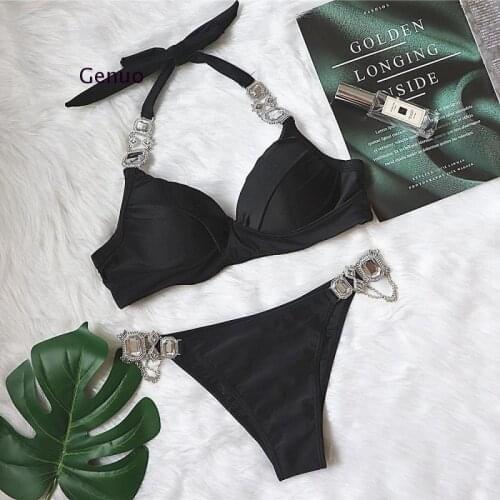 New Sexy 2021 Crystal Diamond Push Up Bikini Women Swimsuit Female Halter Swimwear Bra Up Bikini Set Metal Chains Bathing Suit