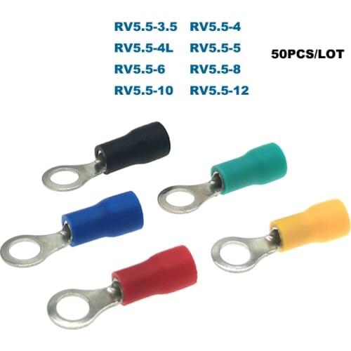 50Pcs Crimp Terminals Ring Insulated Electrical Wire Connector RV5.5-3.5/4/5/6/8/10/12 Brass Cable Ferrules 4-6mm2 12-10AWG 48A