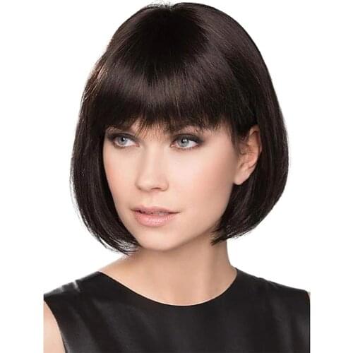 Human Hair Blend Wig Short Straight Bob Short Hairstyles Straight With Bangs Womens Blonde Brown 12 inch
