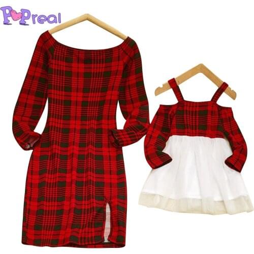 PopReal Autumn Fashion Plaid Mesh Stitching Mom And Daughter Dress Mother Kids Family Matching Outfits Parent-Child Outfi