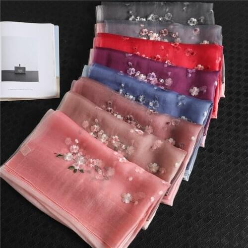 Romantic Silk Wool Scarf Sakura Embroidered Women Fashion Shawls And Wraps Lady Travel Pashmina High Quality Winter Neck Scarves