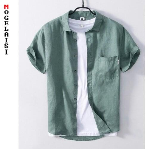New Linen shirt men summer short sleeve solid casual man shirt tops high quality pocket for man clothing Asian size 875