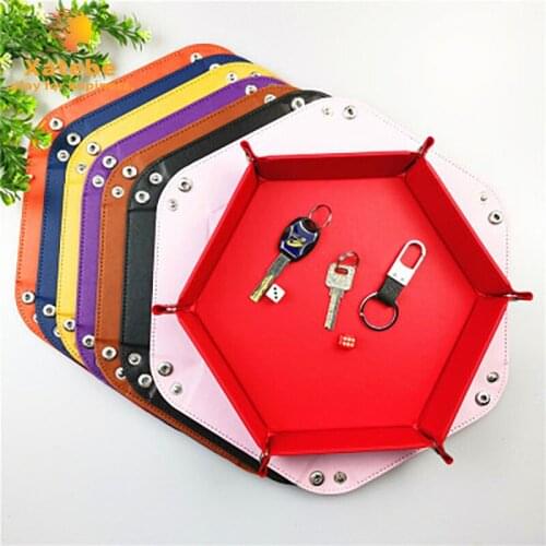 Foldable Dice Box PU Leather Folding Hexagon Key Storage Coin Square Tray Dice for Table Board Games Creative cosmetic cortex