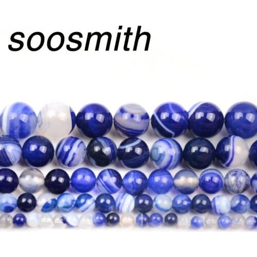 Soosmtih 4 6 8 10 12MM Blue Stripes Agates Round Spacer Beads For Jewelry Making Pick Size Natural Stone Beads Diy Gif
