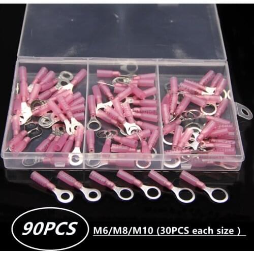 90PCS M6/8/10 Heat Shrink Ring Wire Connectors Insulated Waterproof Electrical Crimp Terminals