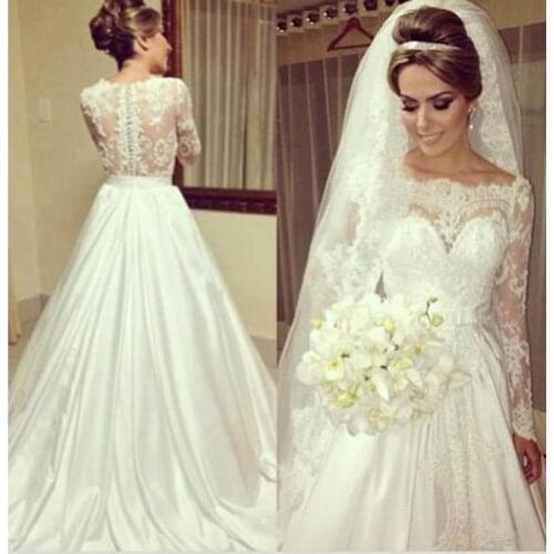 Vintage Long Sleeve Wedding Dresses A line Lace Bride Dress Appliques Bateau Neck Court Train Plus Size vestido de noiva
