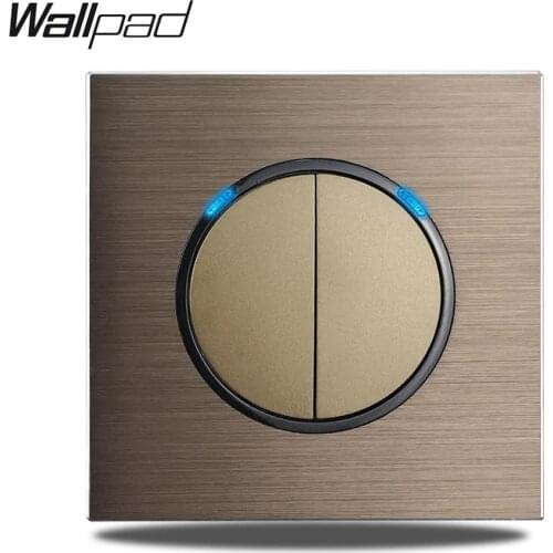 Wallpad L6 2 Gang 1 2 Way Push Button Wall Light Switch Brown Brushed Aluminum Satin Metal Panel Weak Blue LED Indicator