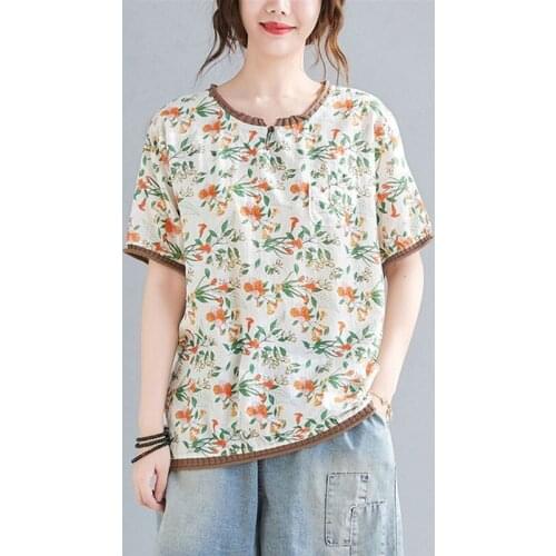 Women Cotton Linen Casual T-shirts New Arrival 2021 Summer Simple Style Vintage Floral Print Loose Female Tops Tees S3647