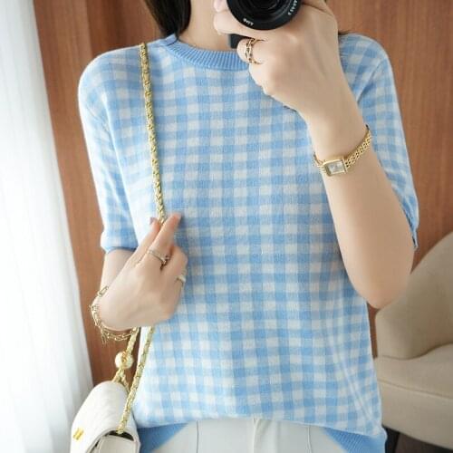 Ladies T-shirt 2021 summer new pure cotton pullover short-sleeved casual round neck tops womens blouse plus size plaid tees hot