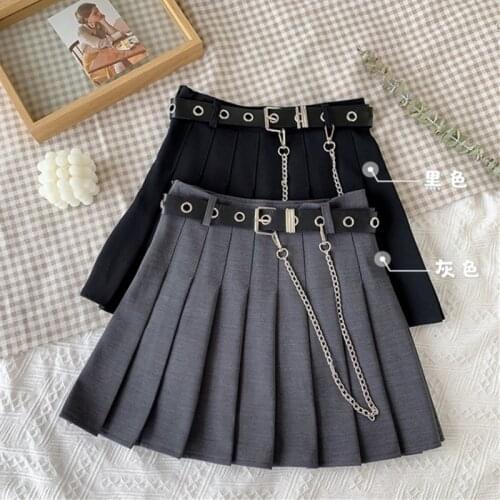 Womens 2020 Summer Korean- Retro High Waist Design Personalized Chain Pleated A- line school girl skirt school uniform