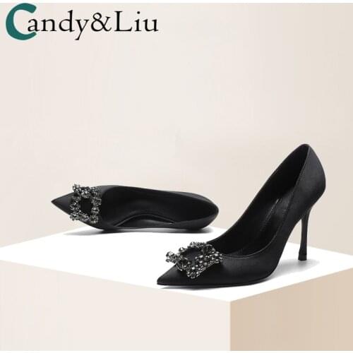 Womens 2021 New Catwalk Model Shoes 10cm Square Button Rhinestone Wedding Shoes Pointed High Heels Womens Single Shoes