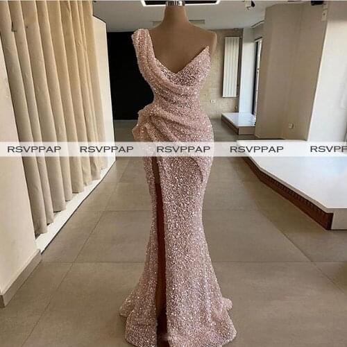 Pink Mermaid Long Evening Dresses 2020 Sexy High Slit One Shoulder Sequined Women Night Formal Gowns robe de soiree
