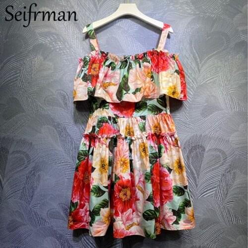 Seifrmann New 2021 Summer Women Fashion Runway Short Dress Sexy Spaghetti Strap Floral Printed Ruffles Holiday Cotton Dresses