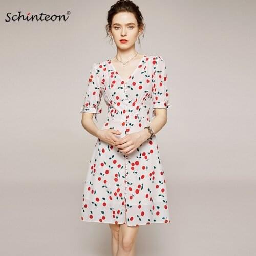 Schinteon 100% Real Silk Cherry Print Dress V-Neck Collar Elegant A-lined Slim Dresses for Women 2020 Summer