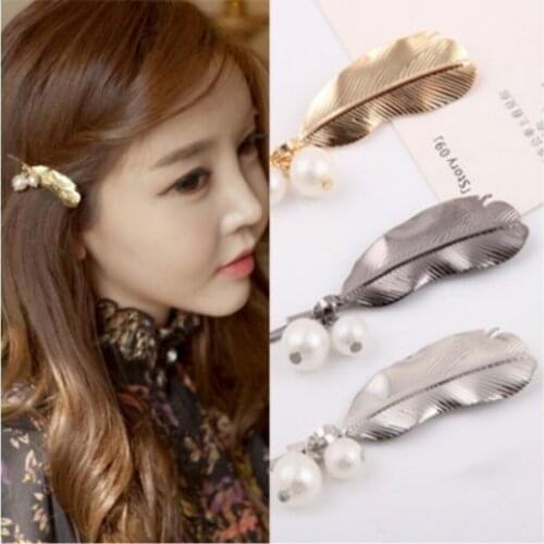 1Pc Fashion Metal Leaf Shape Pearl Hair Clip Barrettes Crystal Pearl Hairpin Barrette Color Feather Hair Claws Hair Styling Tool