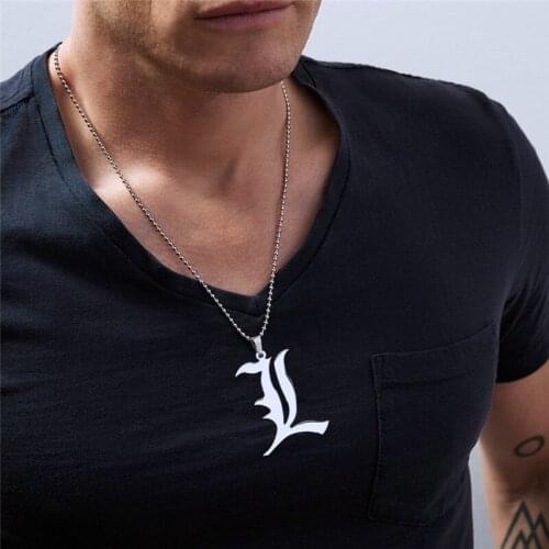 1PC Death Note L Lawliet Necklace Stainless Steel Old English Letter Pendant Beads Chain Necklaces Cosplay Jewelry Accessories