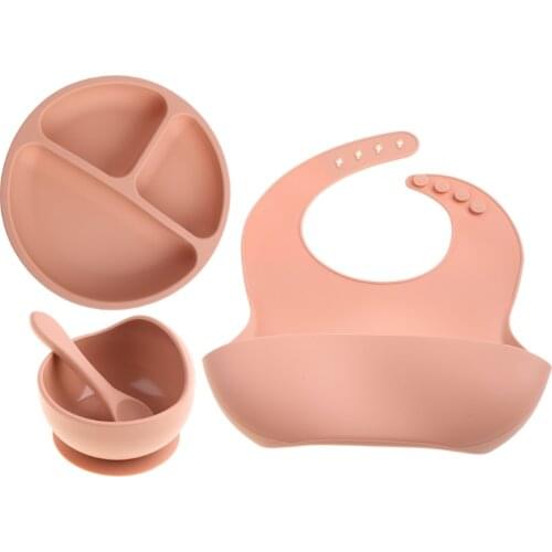 4pcs BPA Free Baby Silicone Tableware Waterproof Bib Solid Color Dinner Plate Sucker Bowl Spoon For Children