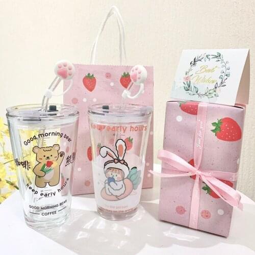 450ml Glass Water Bottle with Straw Cartoon Bear Straw Cup Leakproof Portable Drinking Bottle with a Sealing Cap Lid Gift Box