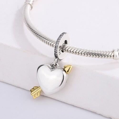 925 Sterling Silver Heart Pendant Golden Arrow Of Love Charm Bracelet Fashion DIY Jewelry Making For Original Pandora