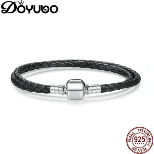 DOYUBO Genuine Leather Long Double Black Braided Leather Chain Women Bracelet With 925 Sterling Silver Snake Clasp Bangles AE001