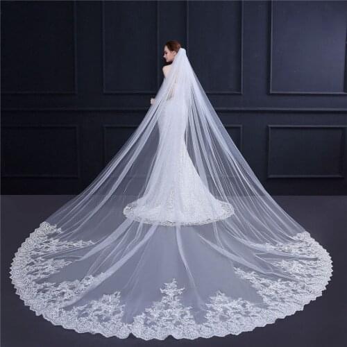 White Ivory Cathedral Lace Appliques Wedding Veils With Comb Formal 3.5M Long Women Bridal Headpieces Brides Veil