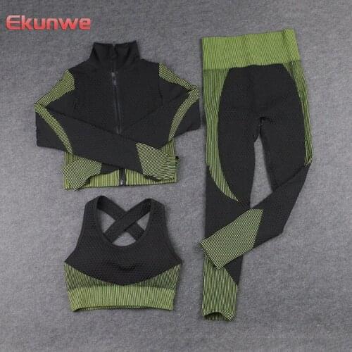 3 Pieces Set Seamless Sport Set Women Running Gym Clothing Tracksuit Sportswear Crop Top Yoga Pant Workout Set Fitness Clothes