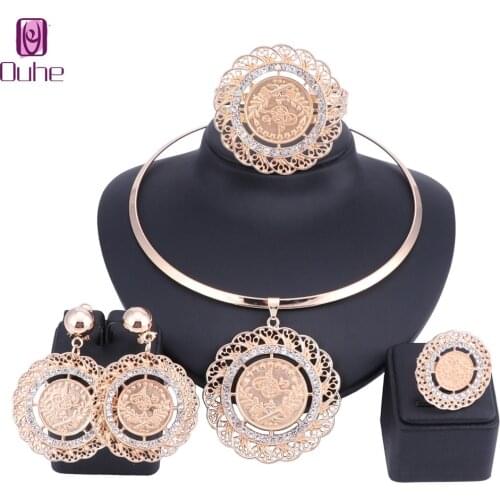 Fashion Dubai Gold Color Crystal Jewelry Sets Costume Big Design Pendant Necklace Nigerian For Wedding African Beads Jewelry Set