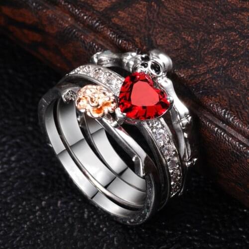 Skull Punk Ring set Women Red Heart Crystal Rings silver Color Jewelry