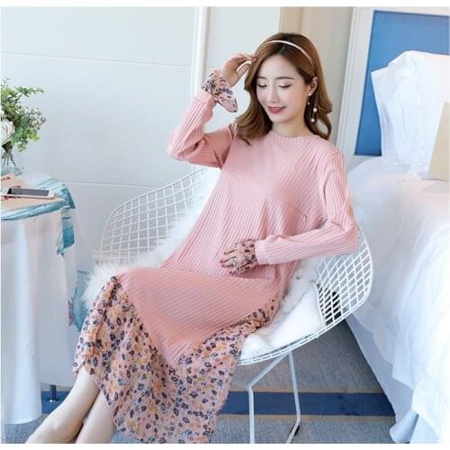Autumn and winter new slim long pregnant women dress was thin knitted sweater floral horn long-sleeve comfortable breastfeeding