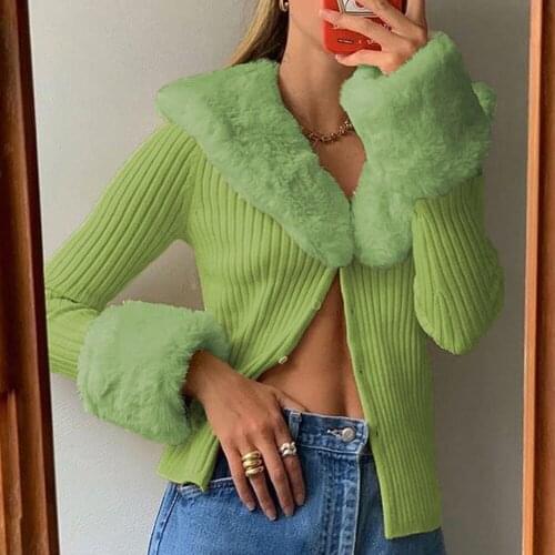 Ribbed Knitted Y2k Cardigans Sweaters Women With Fur Trim Collar Long Sleeve Slim Autumn Winter Jumpers Women Harajuku Knitwear