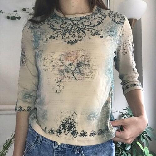 Rockmore Fairycore Print Long Sleeve T Shirts Autumn Y2K Aesthetic O Neck Crop Tops Women Casual Graphics Tees Grunge Clothes