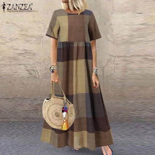Bohemian Print Sundress Vintage Floral O Neck Vestido ZANZEA Women Summer Kaftan Casual Plaid Short Sleeve Dress Female Oversize
