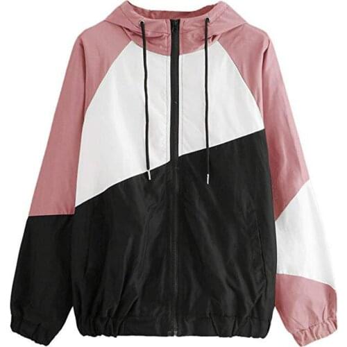 Street Wear Hooded Jackets For Women Patchwork Windbreaker Coat Spring Zipper Stitching Color Lightweight Jackets Bomber