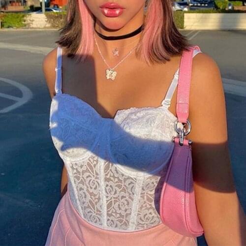 Gothic Floral Embroidery Sleeveless Camis Women Sexy Patchwork Lace Bodycon Crop Tops Harajuku E-Girl Corset