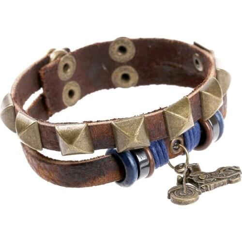 Vintage Gold Rivet Motorcycle Pendant Genuine Leather Punk Wrap Bracelet Men Women New Arrival Adjustable Bracelets